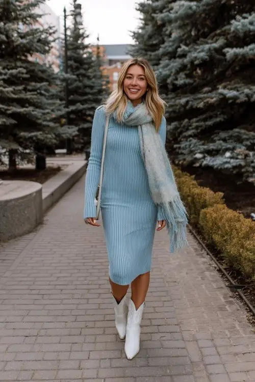 A woman over 30 wears a ribbed midi sweater dress in dusty blue with long sleeves, styled with short white western boots and a fuzzy scarf