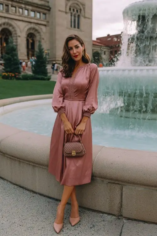 A woman over 30 wears a rose-colored midi dress with full-length sleeves and fine embroidery along the neckline and cuffs, styled with satin heels and a structured handbag