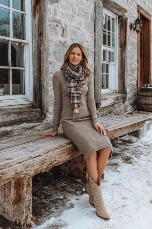 A woman over 30 wears a soft mocha midi sweater dress with long sleeves and a turtleneck, paired with short beige cowboy boots and a plaid scarf