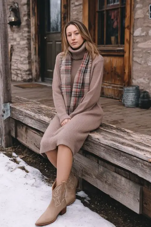 A woman over 30 wears a soft mocha midi sweater dress with long sleeves and a turtleneck, paired with short beige cowboy boots and a plaid scarf