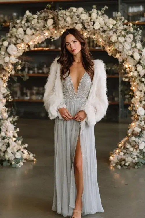 A woman over 30 wears a soft silver gown with full-length sheer sleeves adorned with beaded cuffs and a slight shimmer throughout the bodice