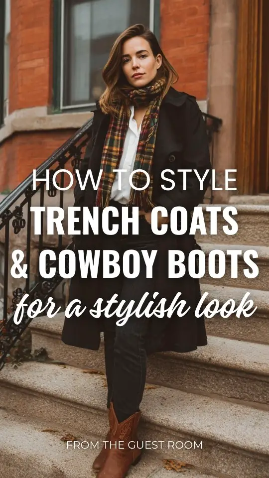 A woman over 30 wears cowboy boots with trench coat outfit with a white blouse and dark skinny jeans and a plaid scarf