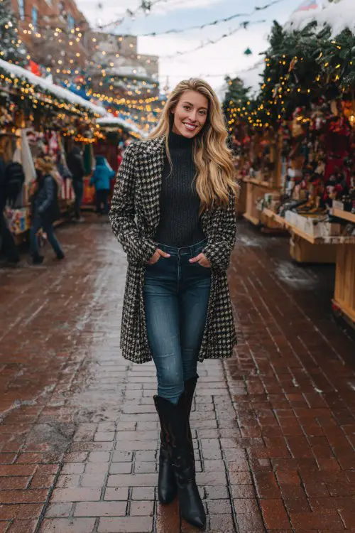 A woman over 30 wears dark flare jeans over tall black cowboy boots, a ribbed turtleneck, and a checkered coat
