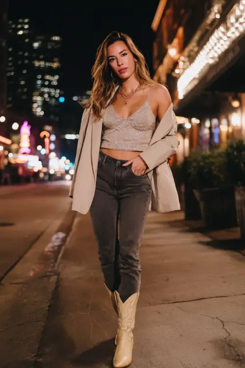 A woman over 30 wears high-rise dark skinny jeans, a sparkly silver crop top, a beige blazer draped over her shoulders, and beige cowboy boots