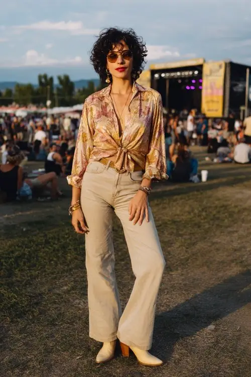 A woman over 30 wears high-rise flared jeans, a tucked-in silk blouse, and beige cowboy boots at a late afternoon outdoor music festival