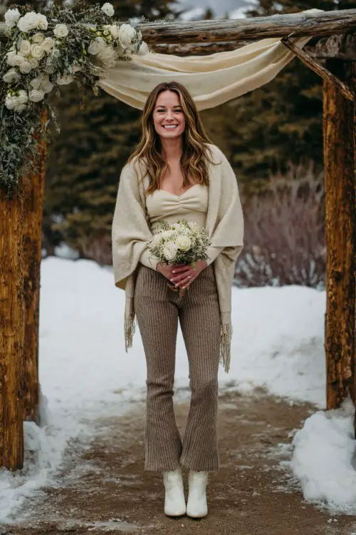 A woman over 30 wears ribbed leggings with white cowboy boots, a long-sleeve fitted top, and a soft wool shawl