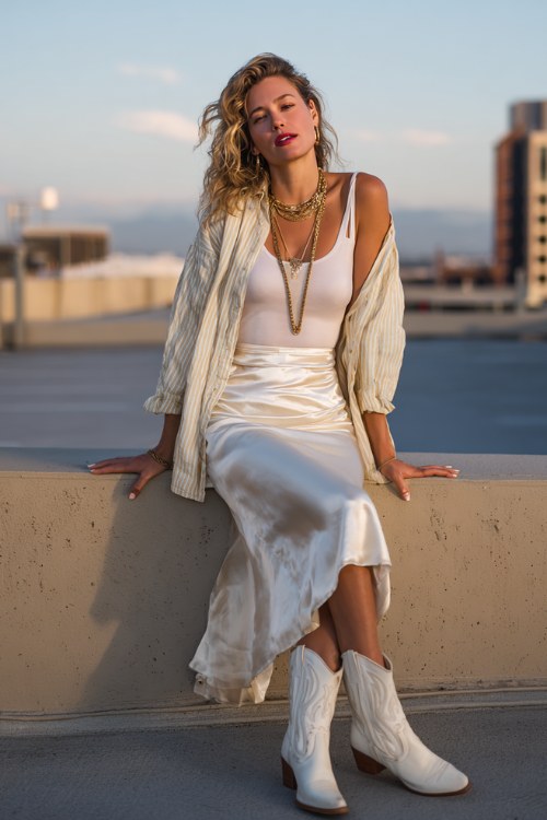 A woman over 30 wears white cowboy boots with a satin midi skirt, fitted tank top and breezy linen shirt layered open