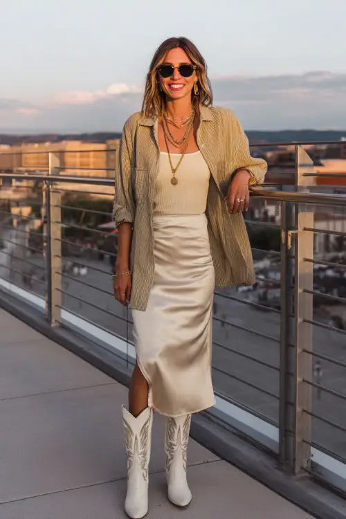 A woman over 30 wears white cowboy boots with a satin midi skirt, fitted tank top and breezy linen shirt layered open