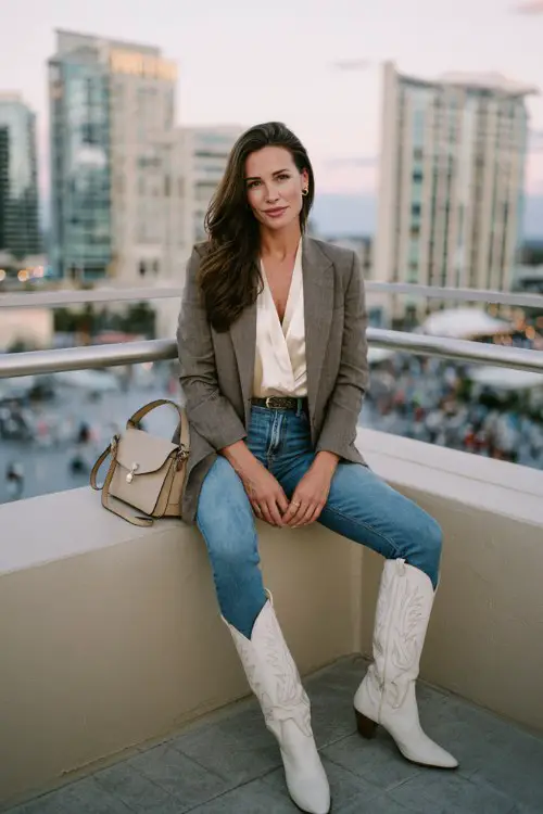 A woman over 30 wears white cowboy boots with flared blue jeans, a silky blouse tucked in and tailored blazer draped over the shoulders, accessorized with a structured handbag