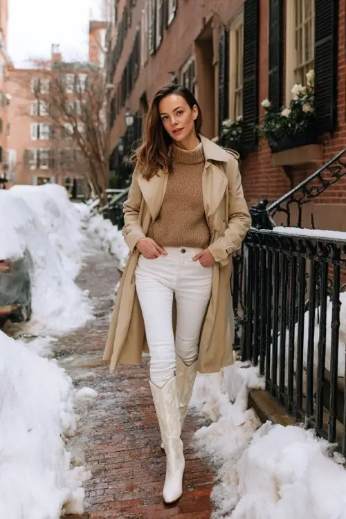 A woman over 30 wears white skinny jeans tucked into glossy tall white cowboy boots, paired with a camel knit sweater and a beige trench coat