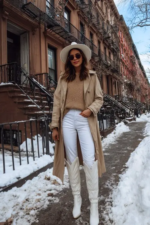 A woman over 30 wears white skinny jeans tucked into glossy tall white cowboy boots, paired with a camel knit sweater and a beige trench coat