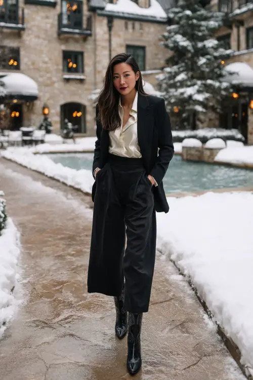A woman over 30 wears wide-leg black trousers over glossy black cowboy boots, styled with a silk blouse and tailored blazer