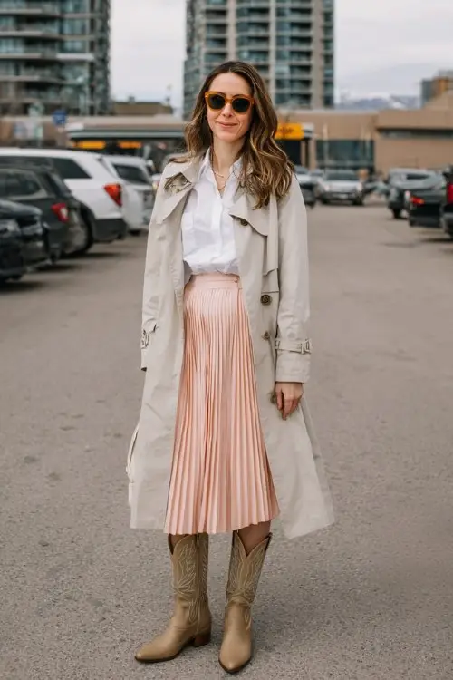 A woman over 40 pairs beige cowboy boots with a pleated pastel skirt, tucked-in white blouse, and a light trench coat