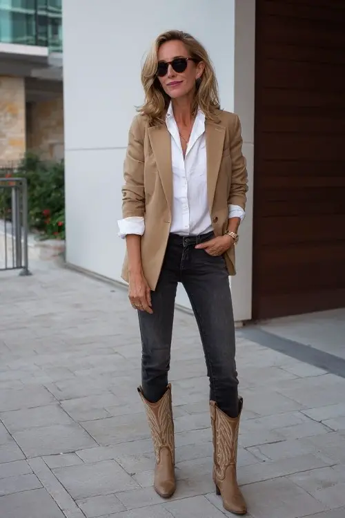A woman over 40 pairs beige cowboy boots with dark skinny jeans, a white blouse, and a tailored camel blazer