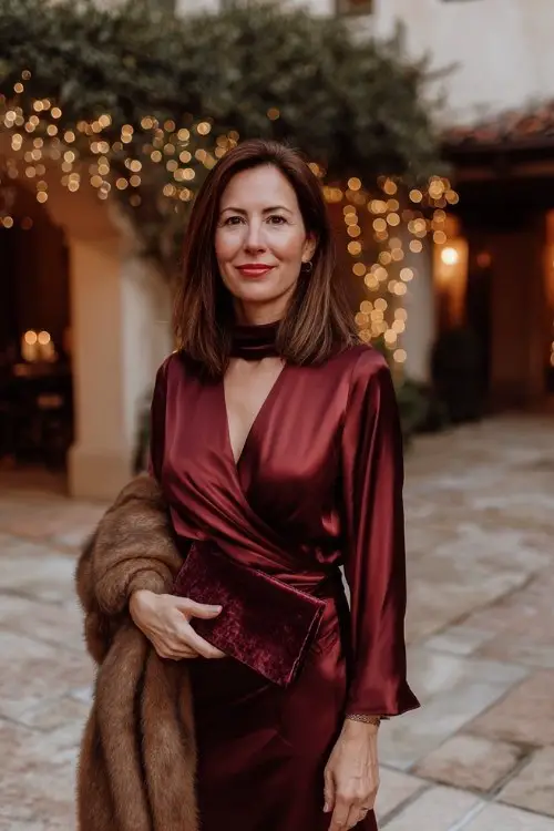 A woman over 40 wears a burgundy satin wrap dress with a high neckline and long sleeves, draped in a soft cashmere shawl