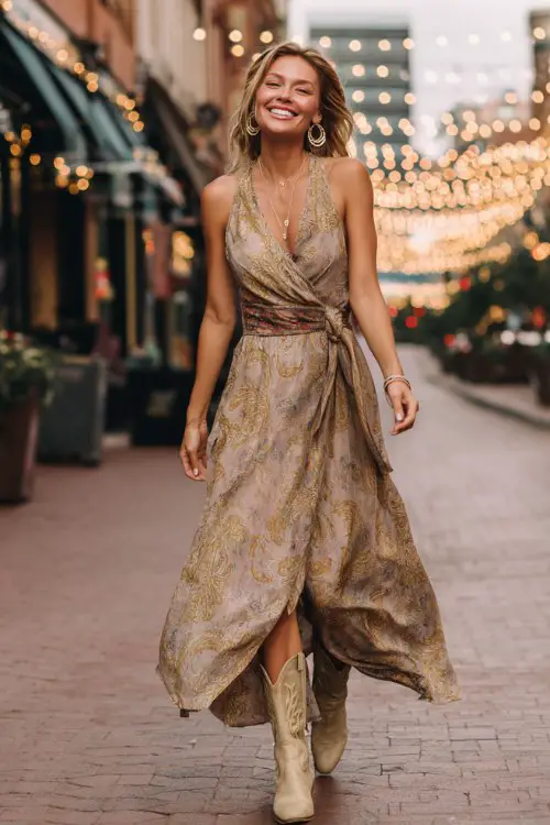 A woman over 40 wears a flowy wrap maxi dress with golden patterns, beige cowboy boots, and hoop earrings