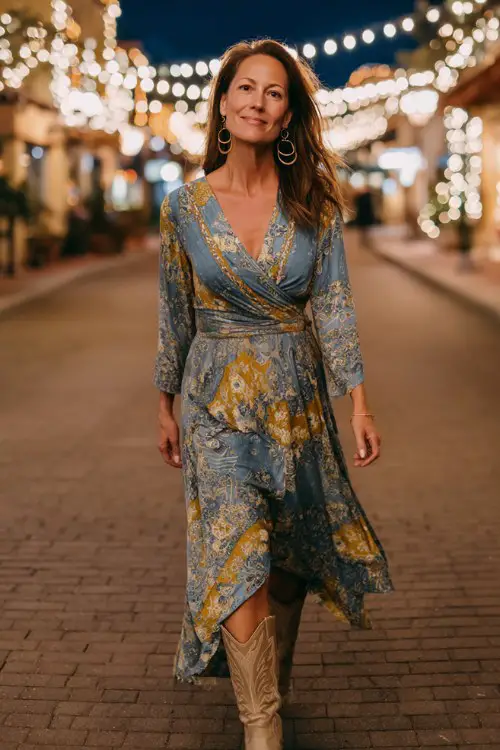A woman over 40 wears a flowy wrap maxi dress with golden patterns, beige cowboy boots, and hoop earrings