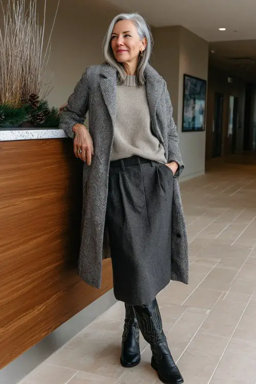 A woman over 40 wears a gray wool midi skirt, tall black cowboy boots, a tucked-in cashmere sweater, and a tailored wrap coat