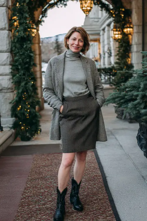 A woman over 40 wears a gray wool pencil skirt with a cashmere turtleneck, a waist-cinching coat, and short black cowboy boots with subtle stitching