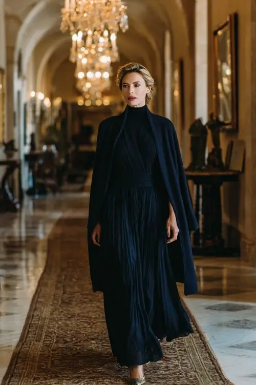 A woman over 40 wears a high-neck navy chiffon dress with a pleated skirt and a structured wool cape-jacket