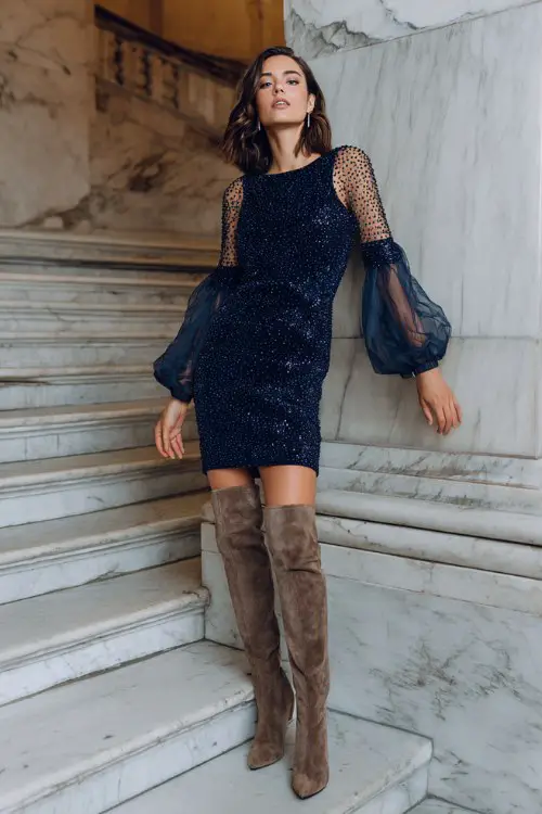 A woman over 40 wears a midnight blue sequin sheath dress with sheer beaded sleeves, styled with tall heeled suede boots
