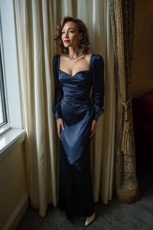 A woman over 40 wears a navy blue satin gown with ruched long sleeves, a square neckline, and silver pointed heels (2)