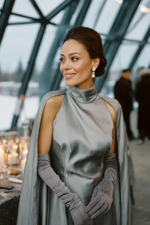 A woman over 40 wears a silver silk high-neck gown with a pleated cape overlay and long sleeves, paired with pearl-drop earrings and gray suede gloves