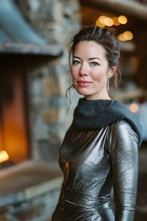 A woman over 40 wears a smoky silver metallic dress with long sleeves and a straight silhouette