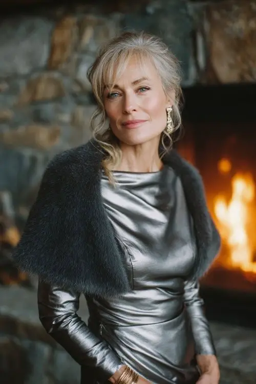 A woman over 40 wears a smoky silver metallic dress with long sleeves and a straight silhouette