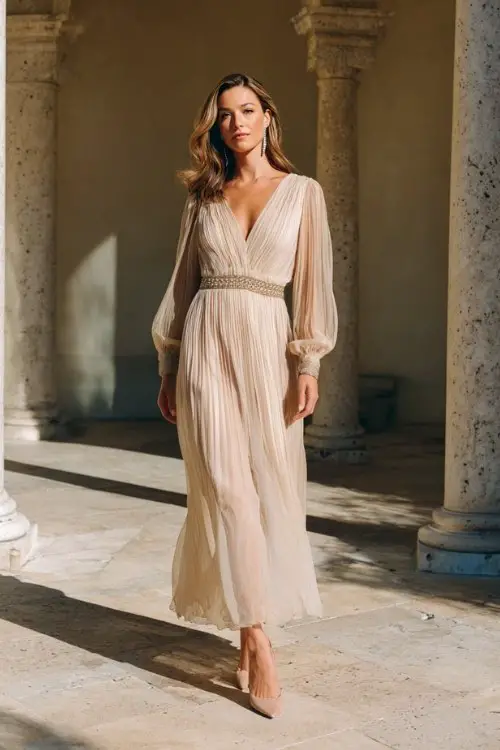 A woman over 40 wears a soft champagne gown with blouson sleeves, a pleated skirt, and delicate beadwork around the waist, paired with soft-tone heels and drop earrings