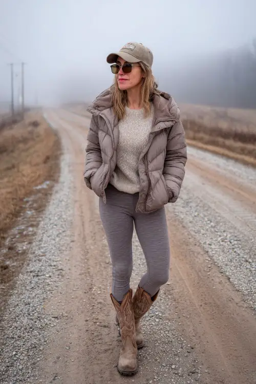 A woman over 40 wears gray leggings and light brown cowboy boots, styled with a neutral sweater and padded jacket