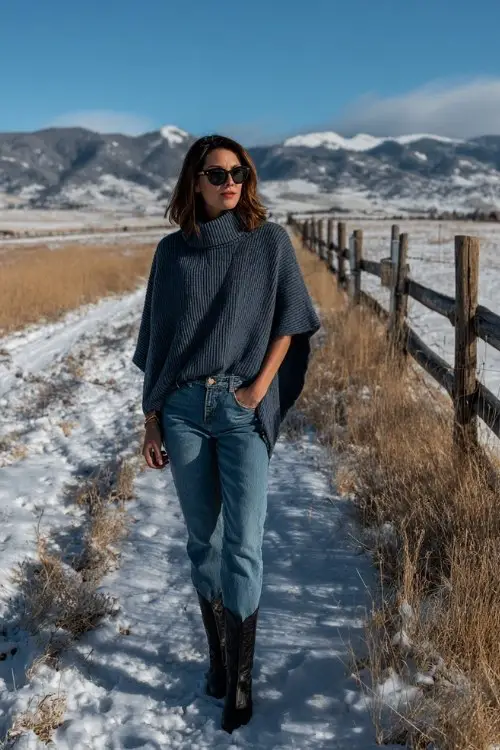 A woman over 40 wears high-waisted straight-leg jeans with a wool-blend poncho and short black cowboy boots