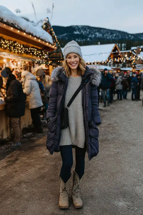 A woman over 40 wears navy leggings with distressed cowboy boots, a soft wool tunic, and a puffer jacket with faux fur trim