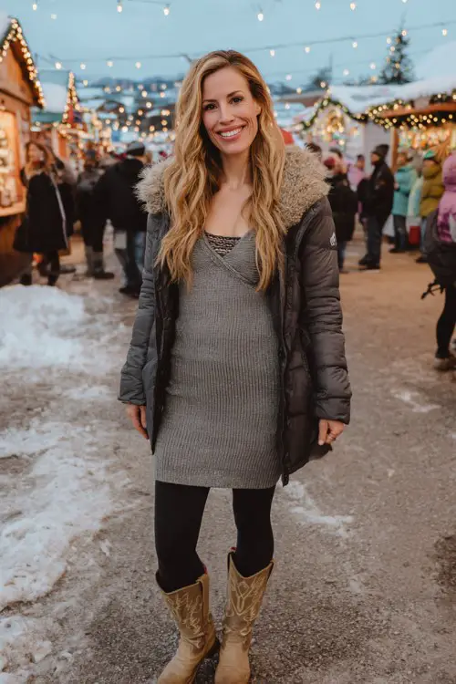 A woman over 40 wears navy leggings with distressed cowboy boots, a soft wool tunic, and a puffer jacket with faux fur trim