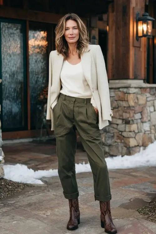 A woman over 40 wears olive green trousers slightly cropped to show brown short cowboy boots, paired with a cream mock-neck top and a wool blazer