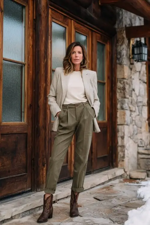 A woman over 40 wears olive green trousers slightly cropped to show brown short cowboy boots, paired with a cream mock-neck top and a wool blazer