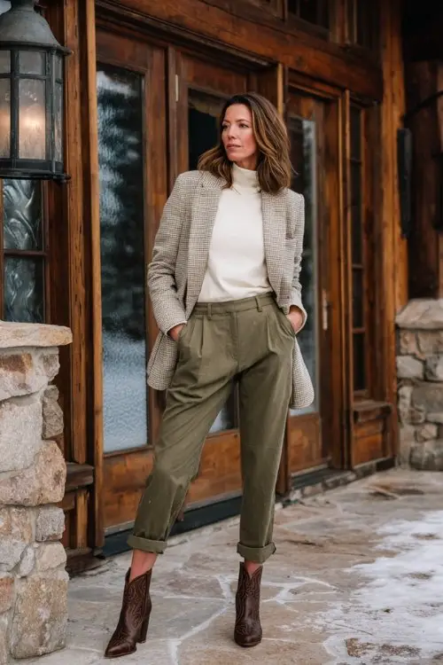 A woman over 40 wears olive green trousers slightly cropped to show brown short cowboy boots, paired with a cream mock-neck top and a wool blazer