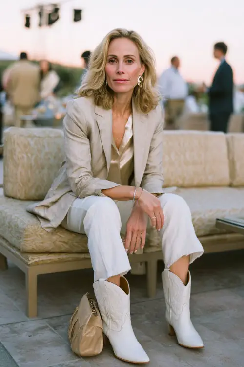 A woman over 40 wears white cowboy boots with tailored cropped jeans, a silky blouse and lightweight blazer, accessorized with elegant jewelry and structured handbag