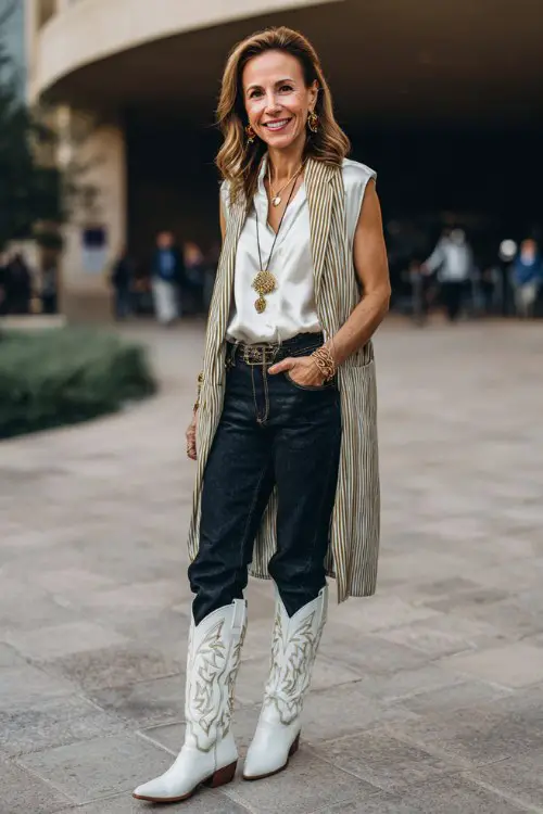 A woman over 40 wears white cowboy boots with tailored dark jeans, a silky blouse and long statement vest, accessorized with elegant jewelry