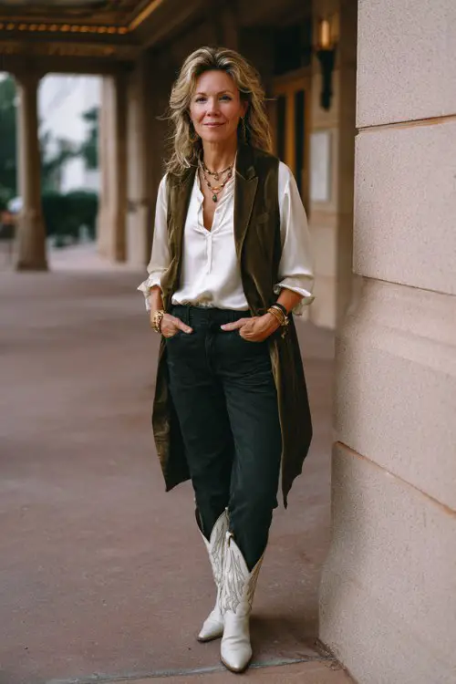 A woman over 40 wears white cowboy boots with tailored dark jeans, a silky blouse and long statement vest
