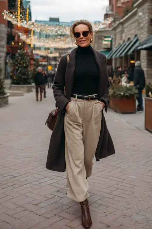 A woman over 40 wears wide-leg trousers and short brown cowboy boots, paired with a turtleneck and tailored coat