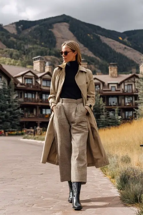 A woman over 40 wears wide-leg wool trousers slightly tucked into structured tall black cowboy boots, styled with a fitted turtleneck and a trench coat