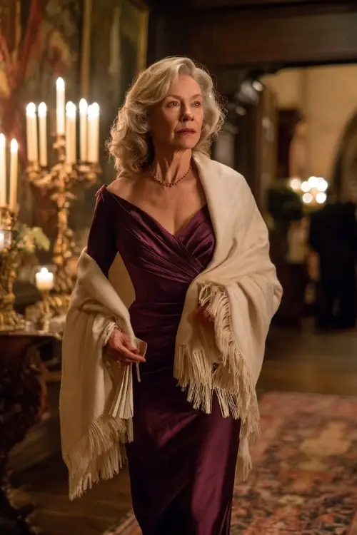 A woman over 50 wears a fitted plum gown with a bateau neckline and full-length sleeves, topped with an ivory wool shawl with fringe