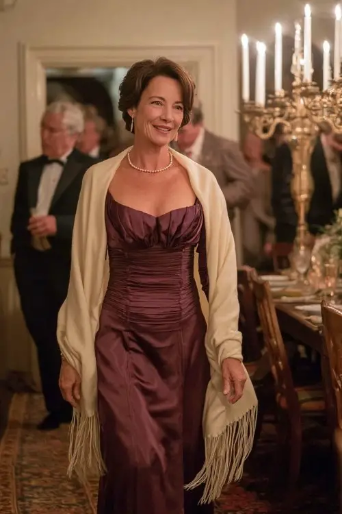A woman over 50 wears a fitted plum gown with a bateau neckline and full-length sleeves, topped with an ivory wool shawl with fringe