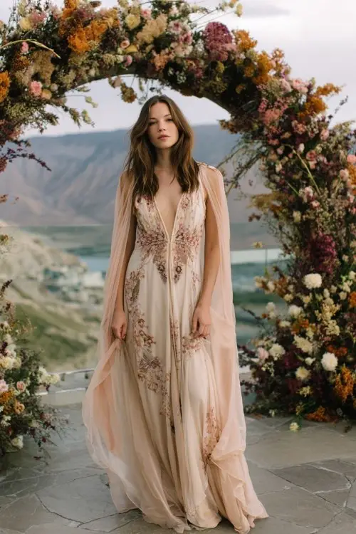 A woman posing under an arch of winter florals in a blush-toned gown with intricate floral embroidery, sheer sleeves, and a flowing chiffon cape that moves with the breeze