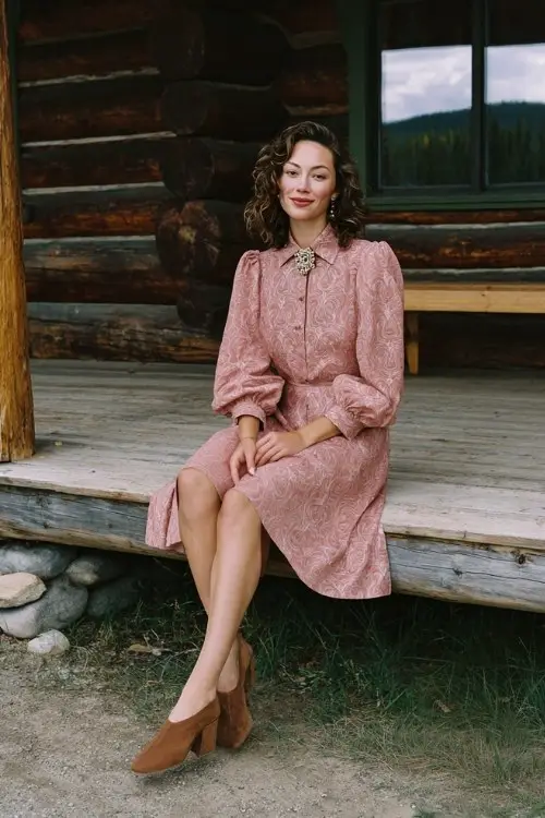 A woman seated at a cozy lodge wedding in a dusty rose A-line dress with jacquard damask patterns, long puff sleeves, and a vintage brooch at the collar, styled with suede block heels