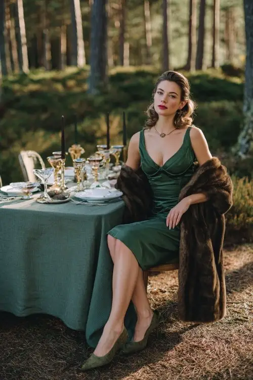 A woman seated at an elegantly set table in a forest green column dress and beaded neckline, paired with stiletto heels