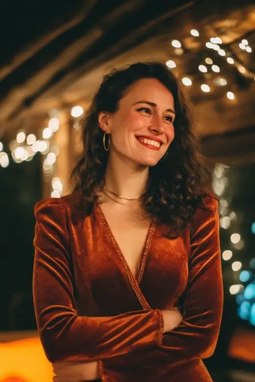 A woman smiling under fairy lights in a rich rust velvet dress with subtle beading at the collar and sleeve trim, styled with simple hoops and neutral-toned ankle boots