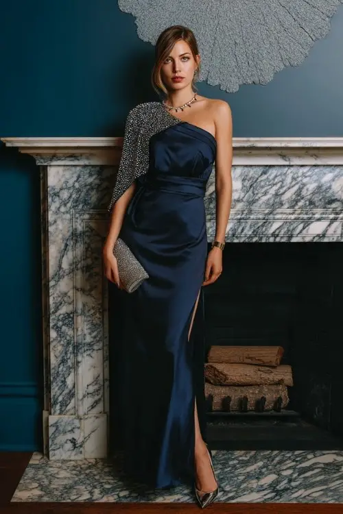 A woman standing beside a marble fireplace in a deep navy satin gown with a dramatic one-shoulder cape and crystal embellishments