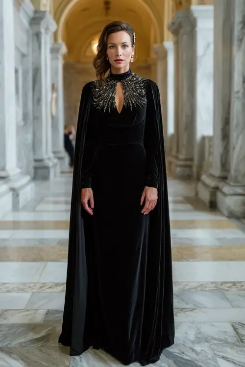 A woman standing in a grand marble hallway wearing a long-sleeve velvet gown with silver beaded detailing, a matching floor-length cape